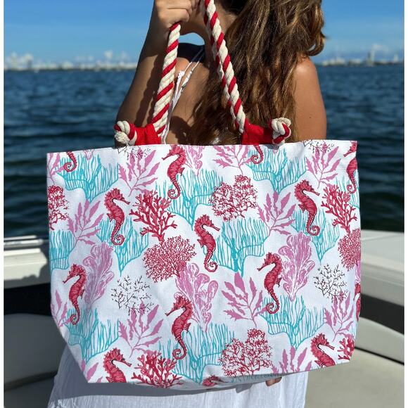 Beach Bag Tote, Ocean Seahorse Coral Beach Bags Pool Bag Shoulder Travel Tote - Picture 2 of 7